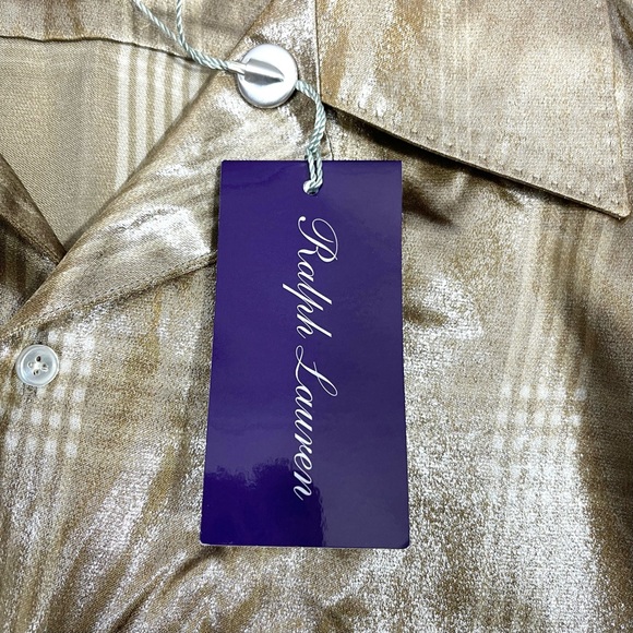 Ralph Lauren Purple Label Shirt Womens Size 10 Taupe Sequin Plaid Silk Blend - Picture 9 of 14